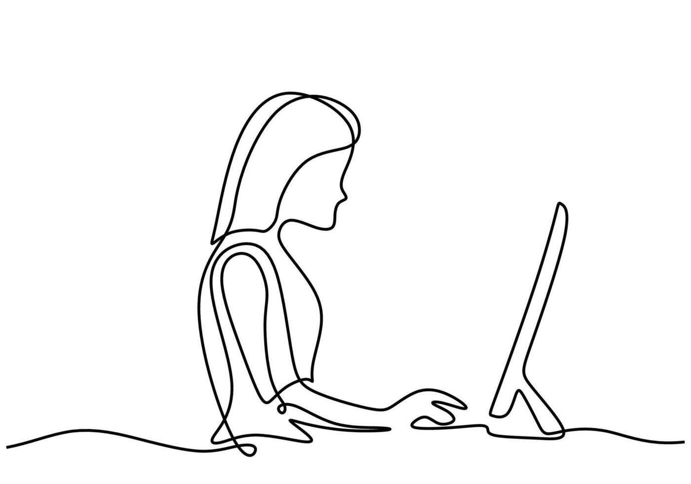 woman in front of laptop computer in one continuous line drawing style. vector