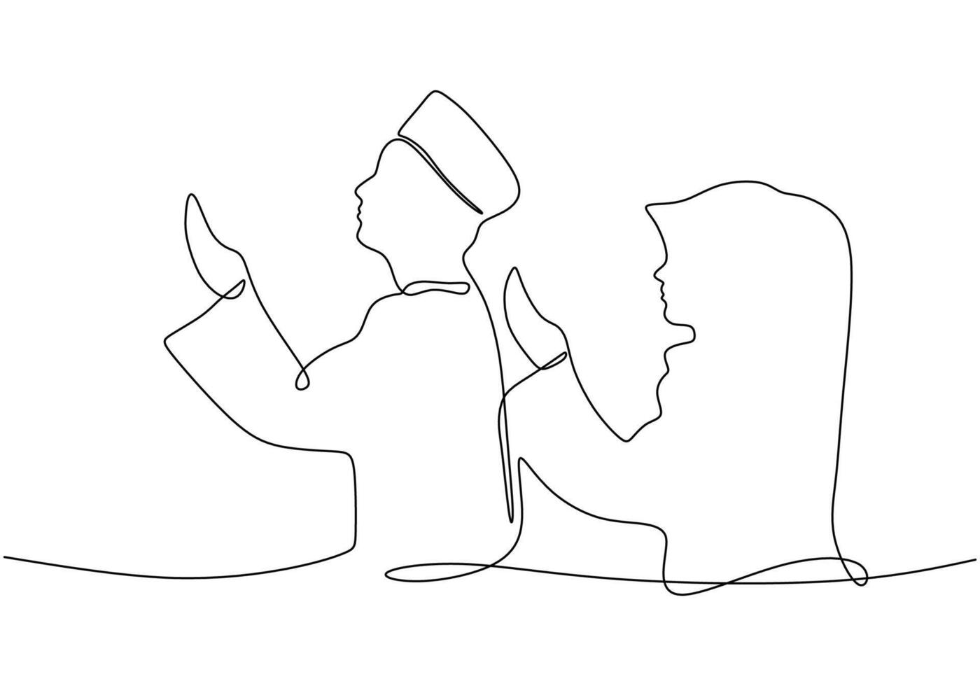 Continuous line, one-line, man woman muslim praying vector
