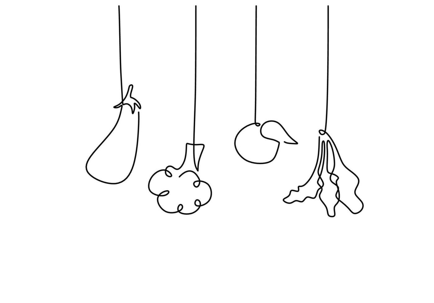 one continuous single line of eggplant, broccoli, fruit and vegetable for healthy food concept. vector