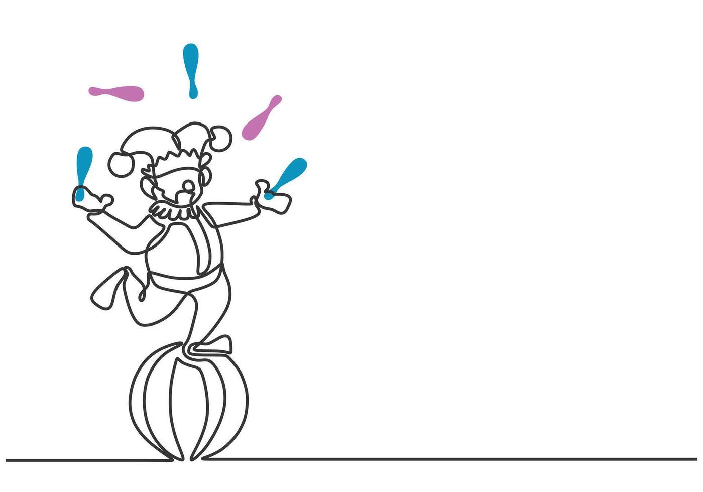 Clown on ball juggling with circus stick use hand standing in continuous line art drawing style. vector