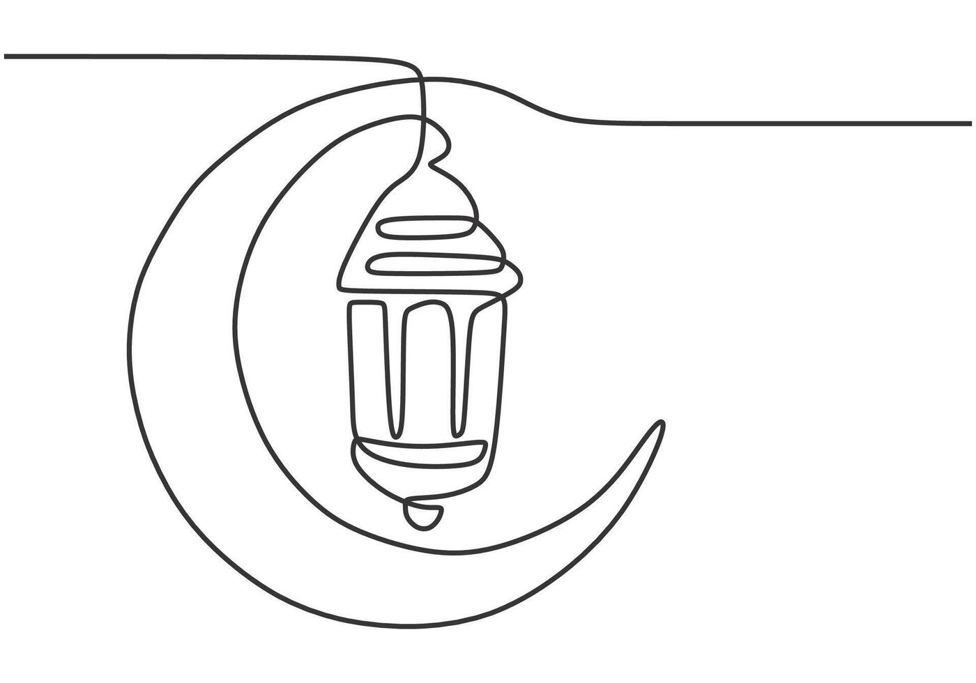 Lanterns hanging at crescent moon in one continuous single line. Ramadan kareem concept . vector