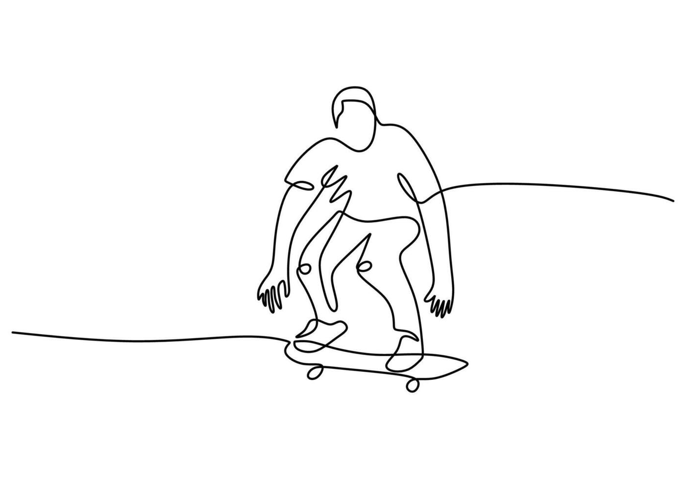 Single continuous line drawing of young skateboarder man riding skate and performing trick vector