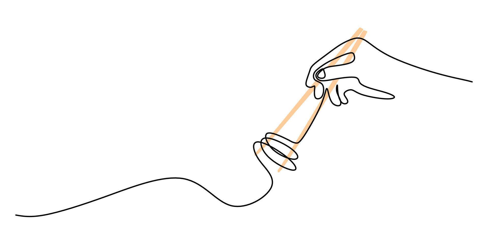 Hand hold chopstick and noodle continuous line art drawing style isolated on white background. vector