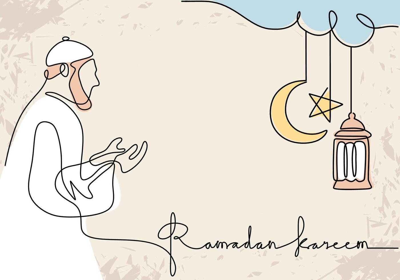 Praying man, moon, stars, lantern and ramadan kareem handwriting in one single continuous line. vector