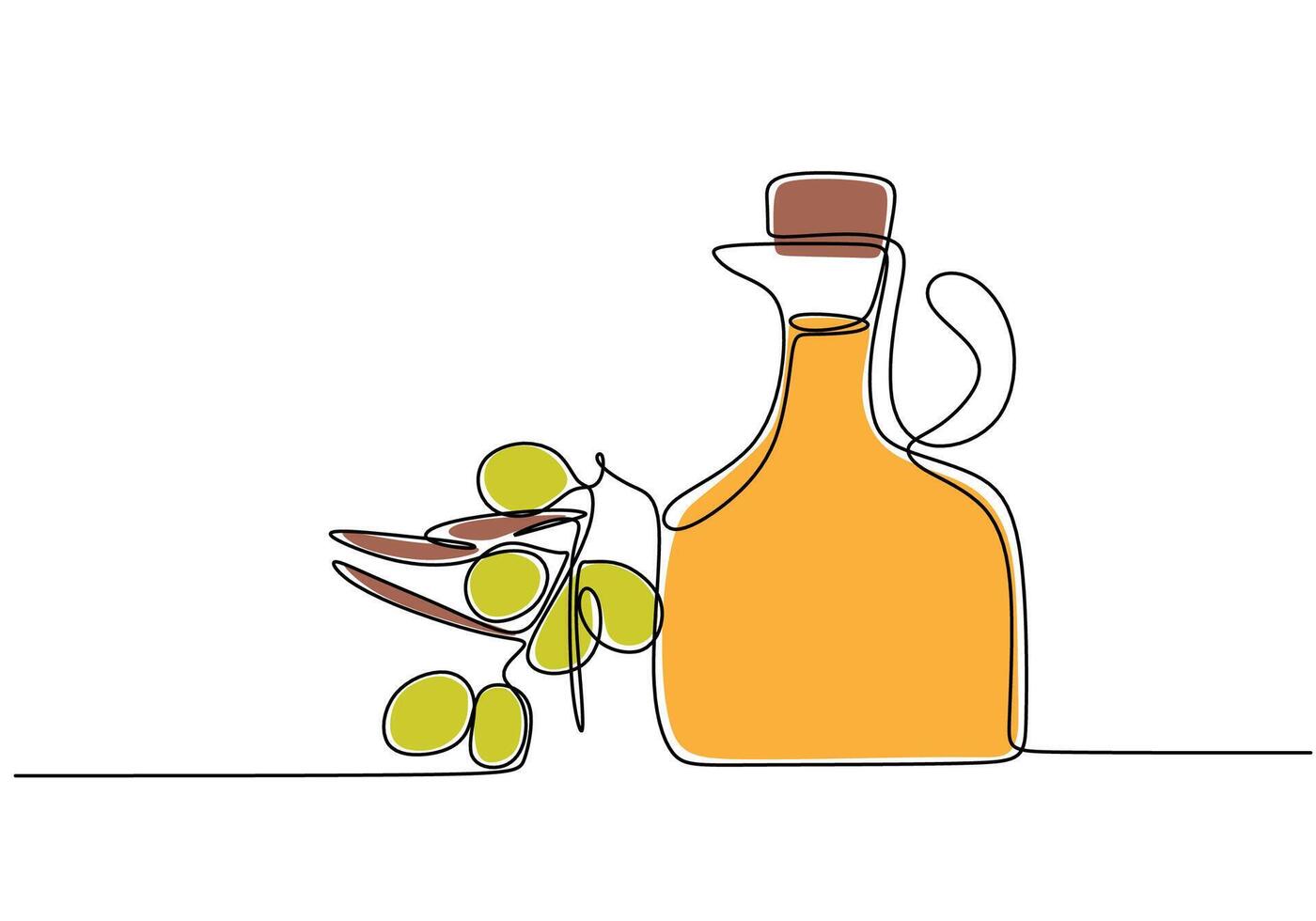 bottle with olive in one line art drawing style. vector