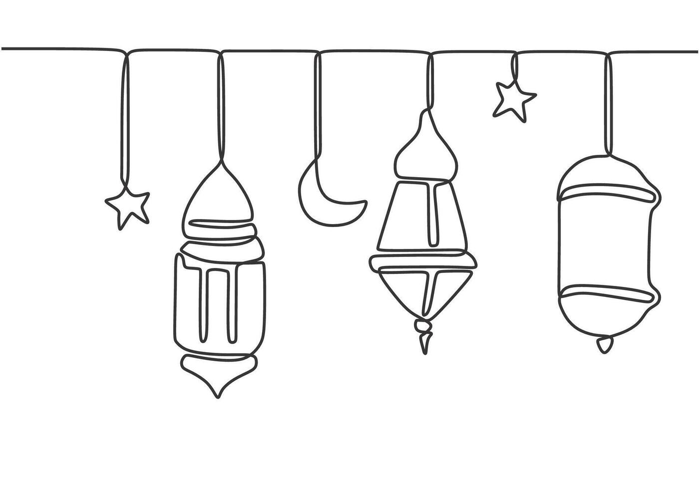 Hanging lanterns, star and moon in one continuous single line drawing style. Ramadan kareem concept. vector