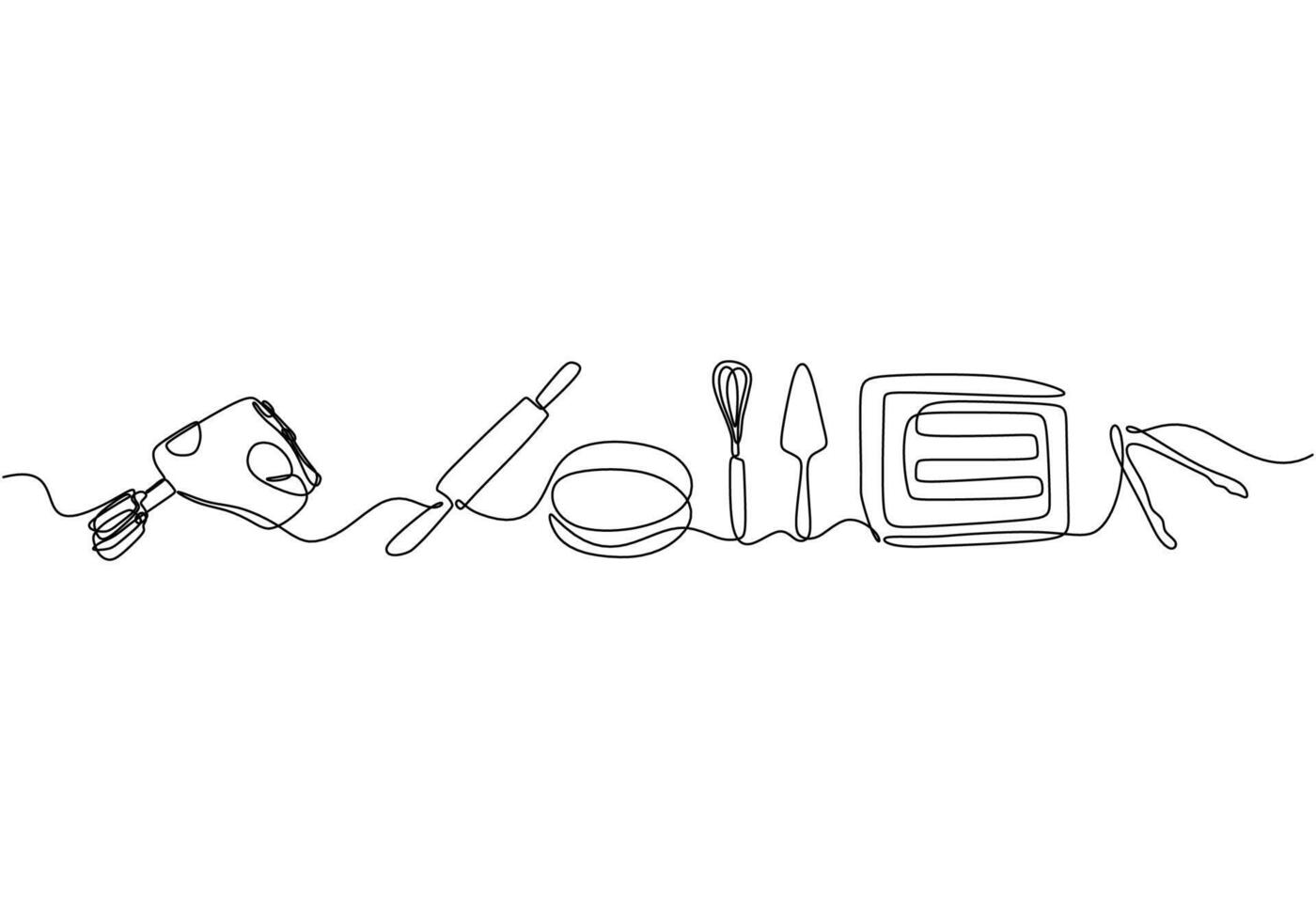 Single continuous line drawing of Mixer, Dough Roller, baking dish, whisk, oven, food tong and spoon vector