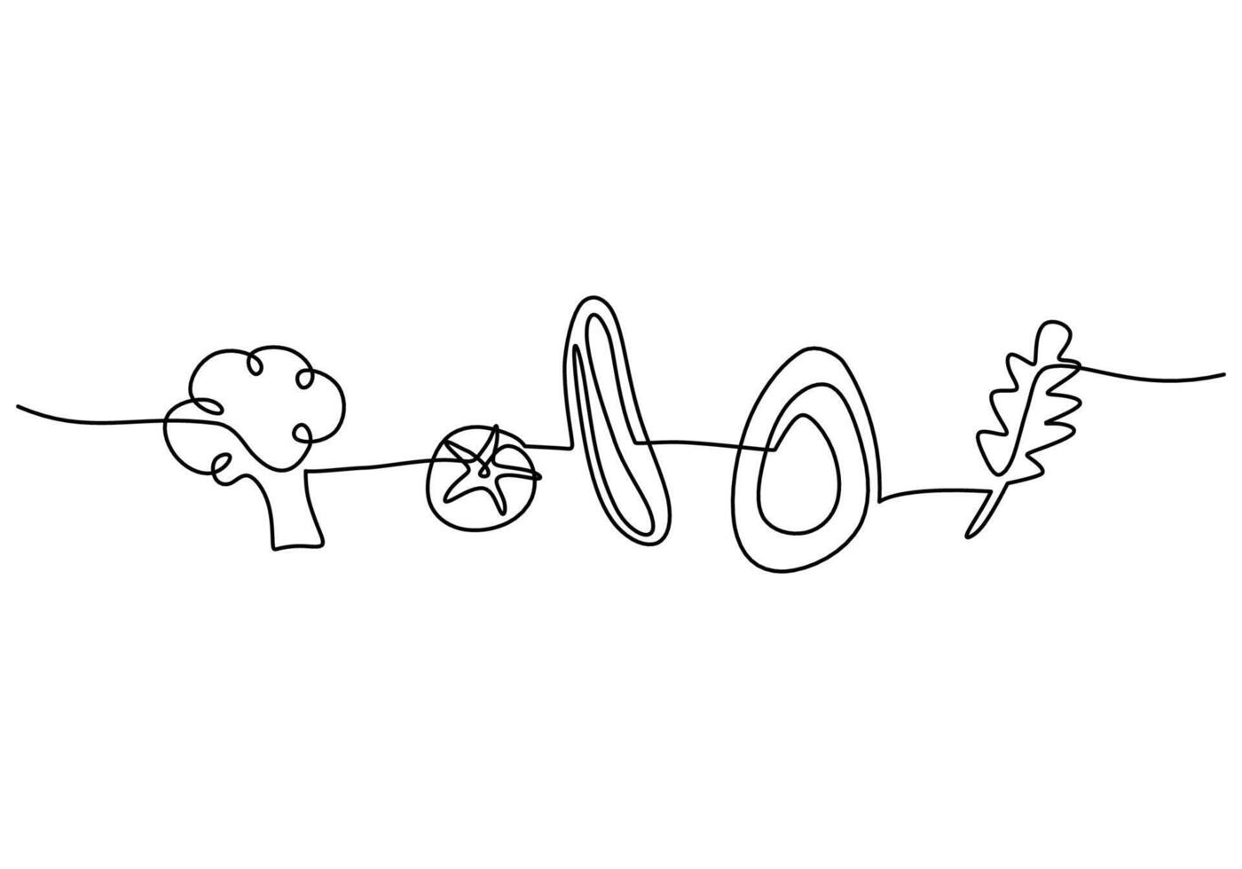 one continuous line broccoli, tomato, eggplant, avocado and vegetable isolated on white background. vector