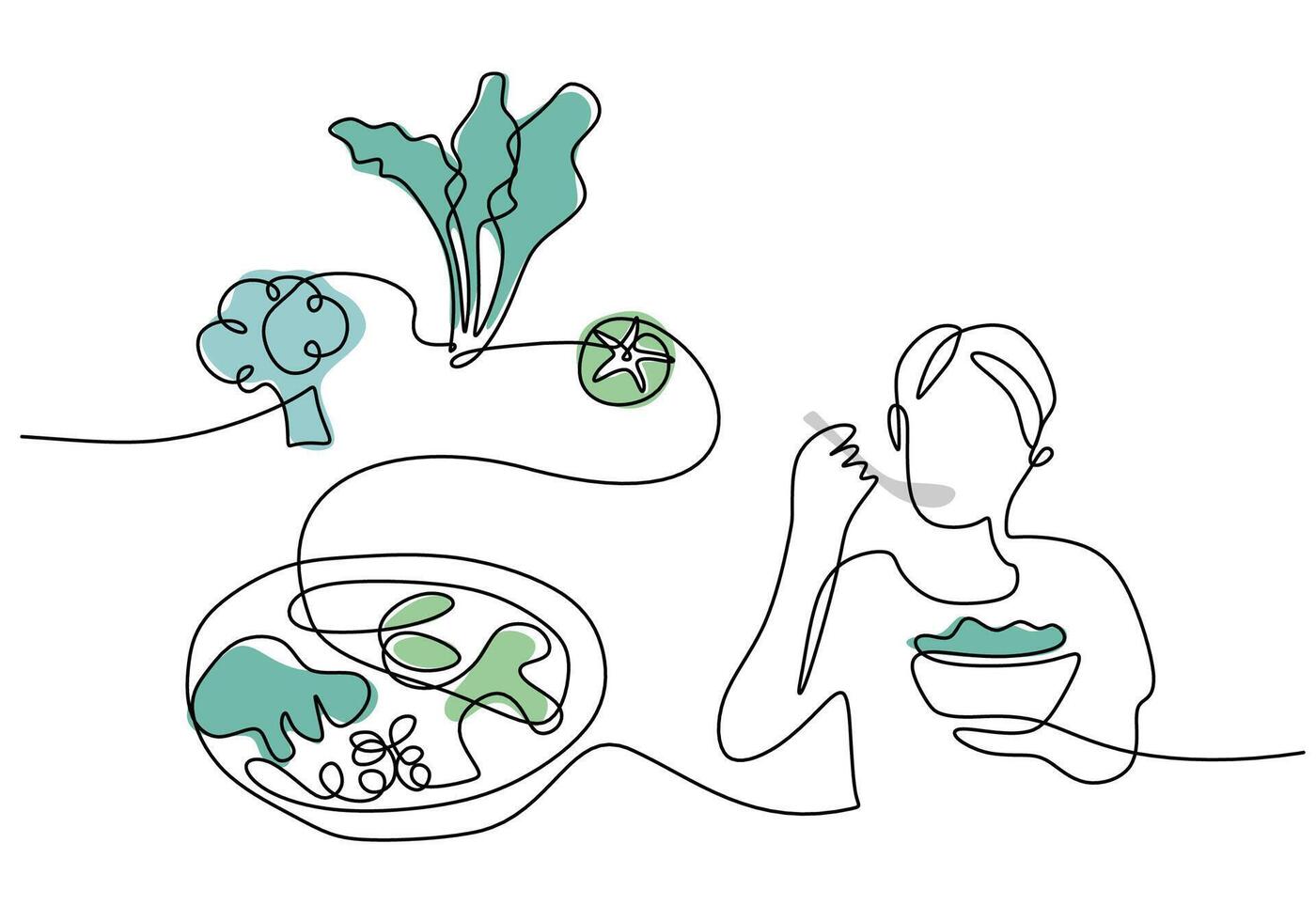 Man eating vegetables in one continuous single line for healthy food concept isolated background. vector