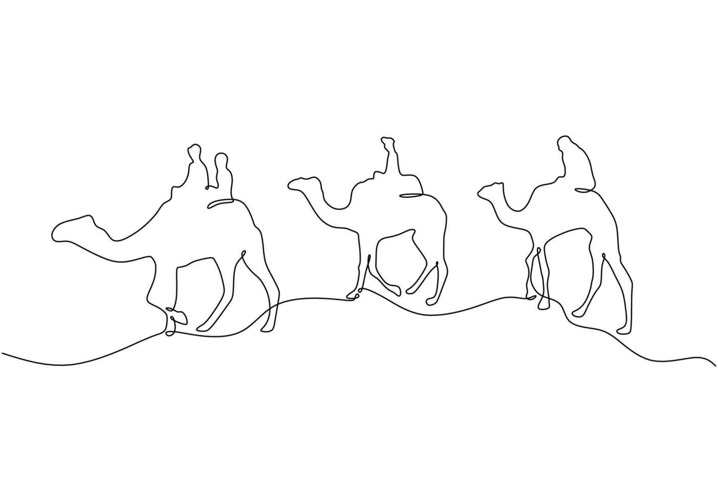 People riding camels on the desert in one single continuous line for Ramadan kareem concept vector