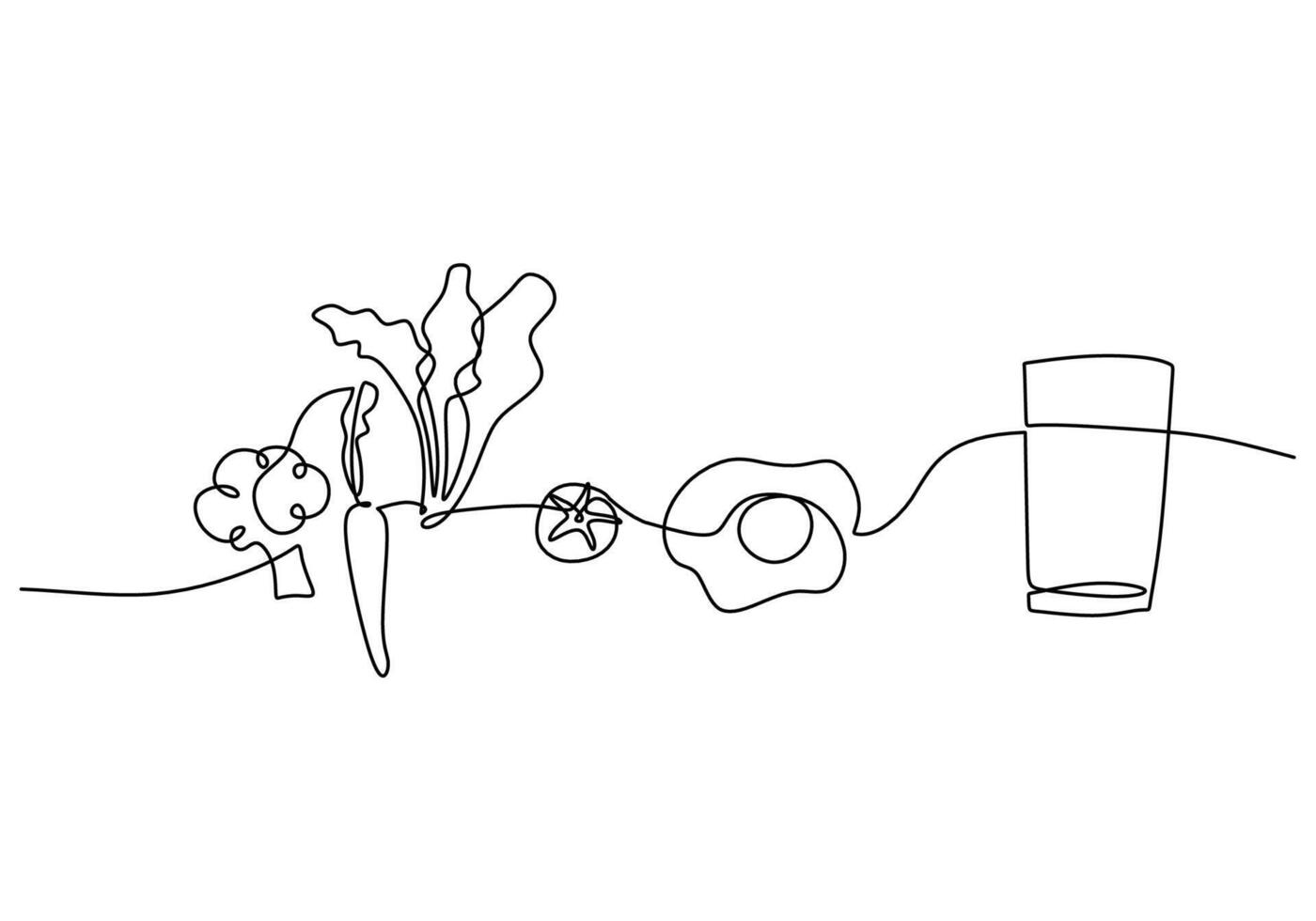broccoli, carrot, vegetable with egg and glass milk in one continuous line for healthy food concept. vector