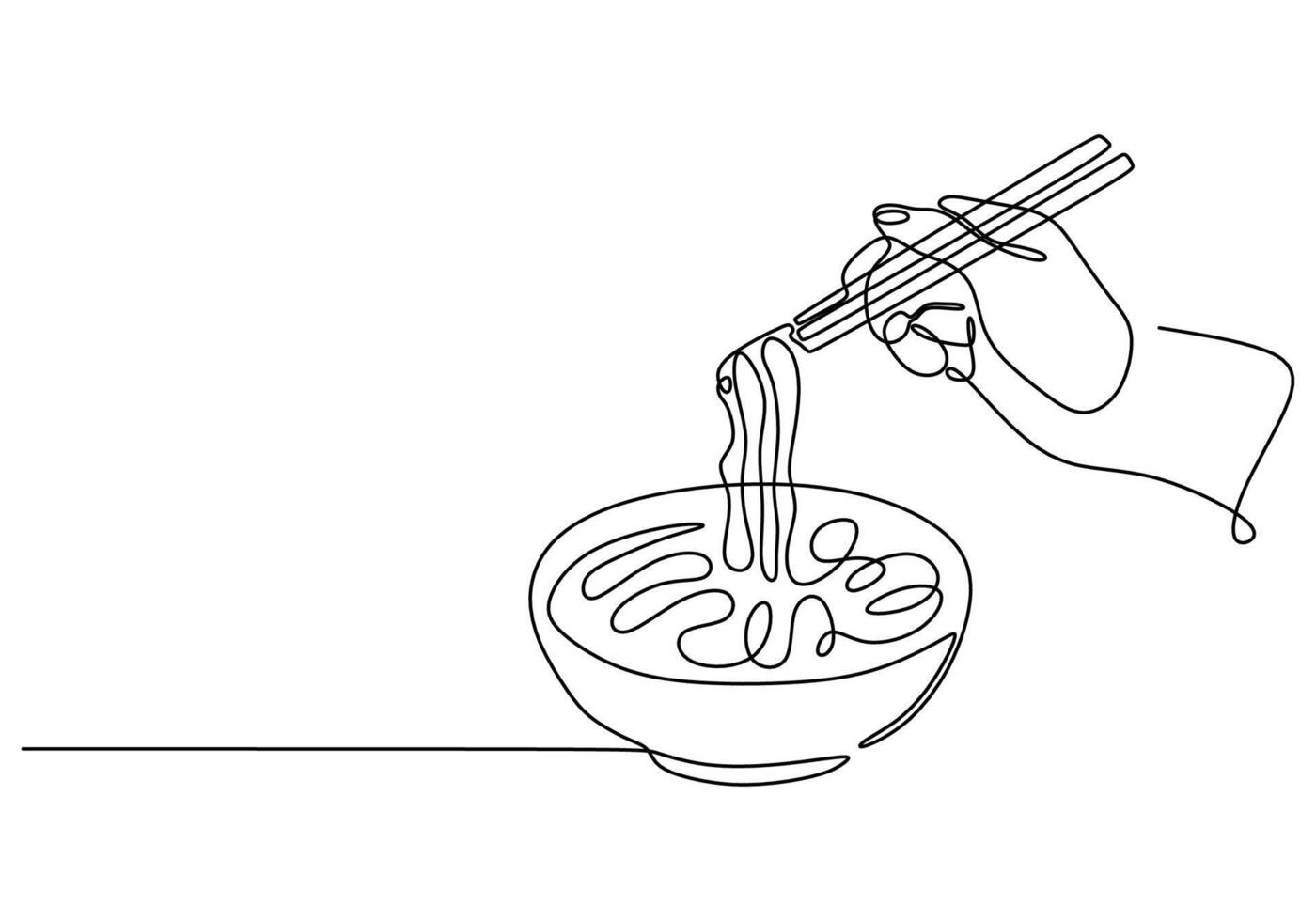 Hand hold chopstick with ramen or ramyeon in one continuous single line. vector