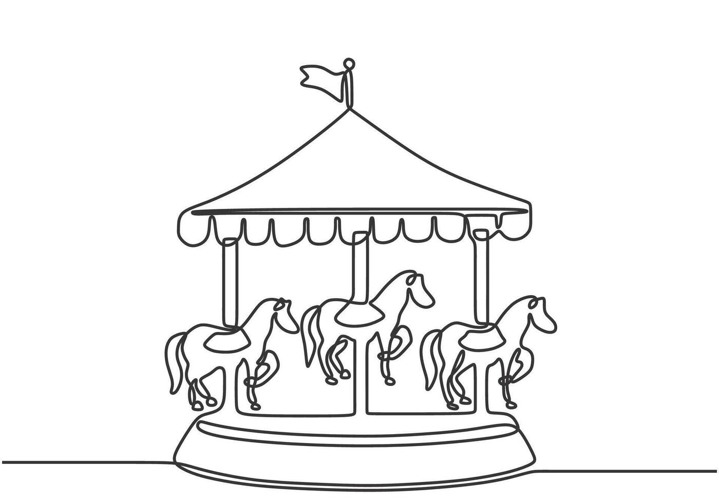 One single continuous line drawing of a horse carousel in an amusement park with horses spinning. vector