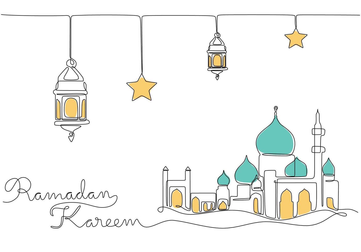 Lanterns, star, mosque and ramadan kareem handwriting in one single continuous line drawing style. vector