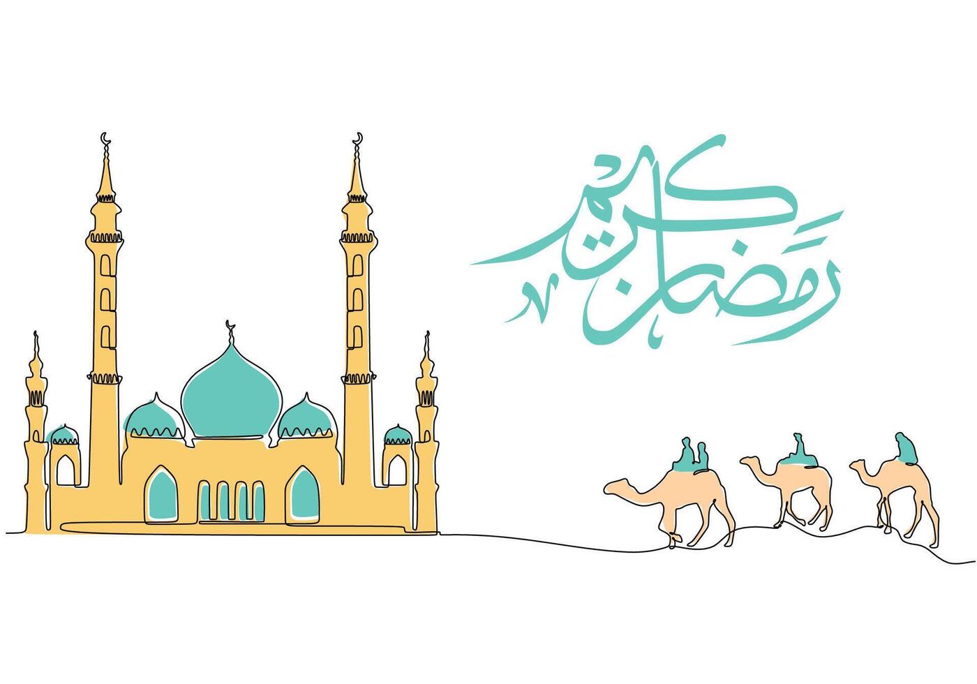 mosque and people on camel at desert with ramadan kareem calligraphy in one single continuous line. vector