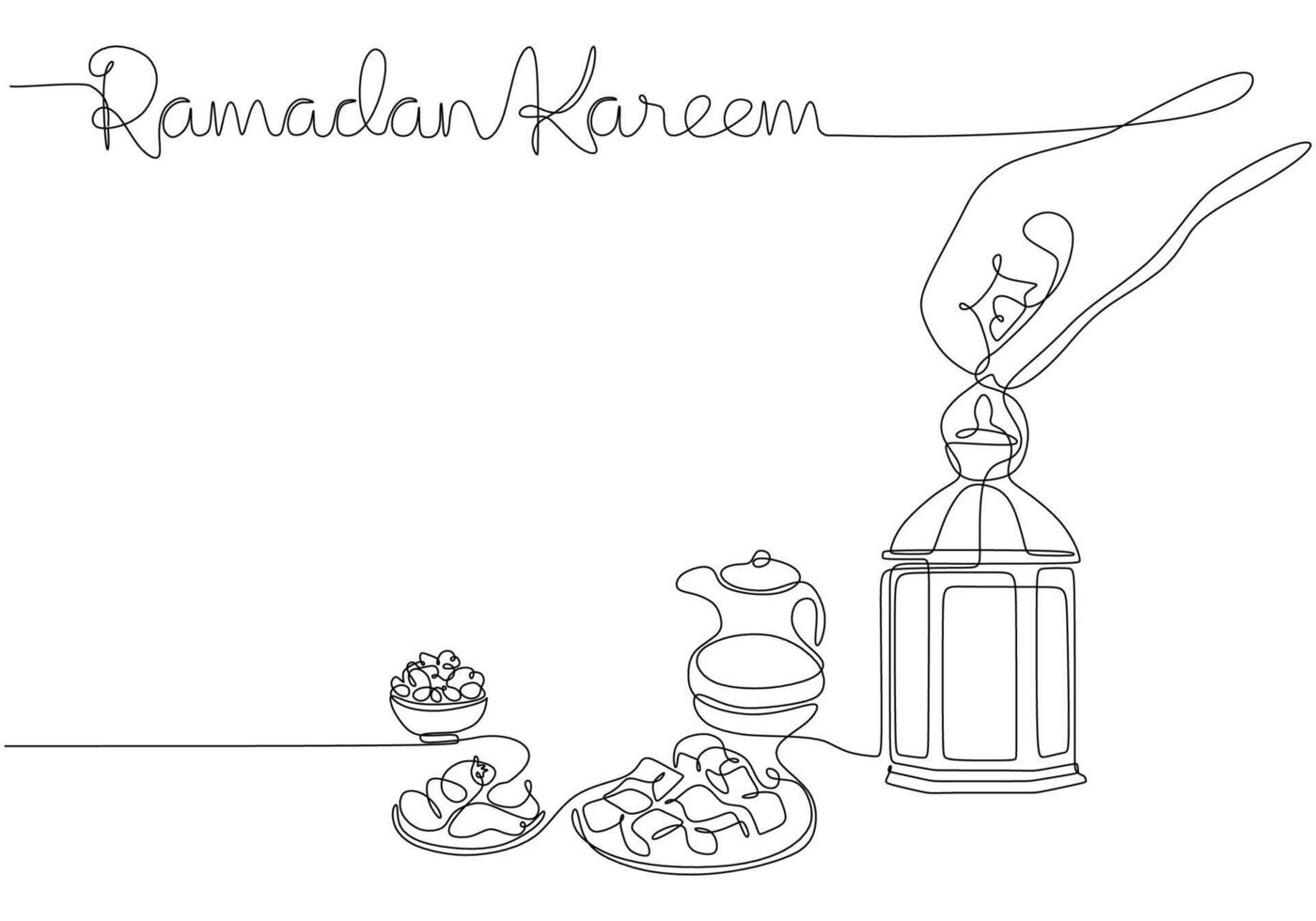 Lantern and fast breaking dish with ramadan kareem handwriting in one single continuous line style. vector