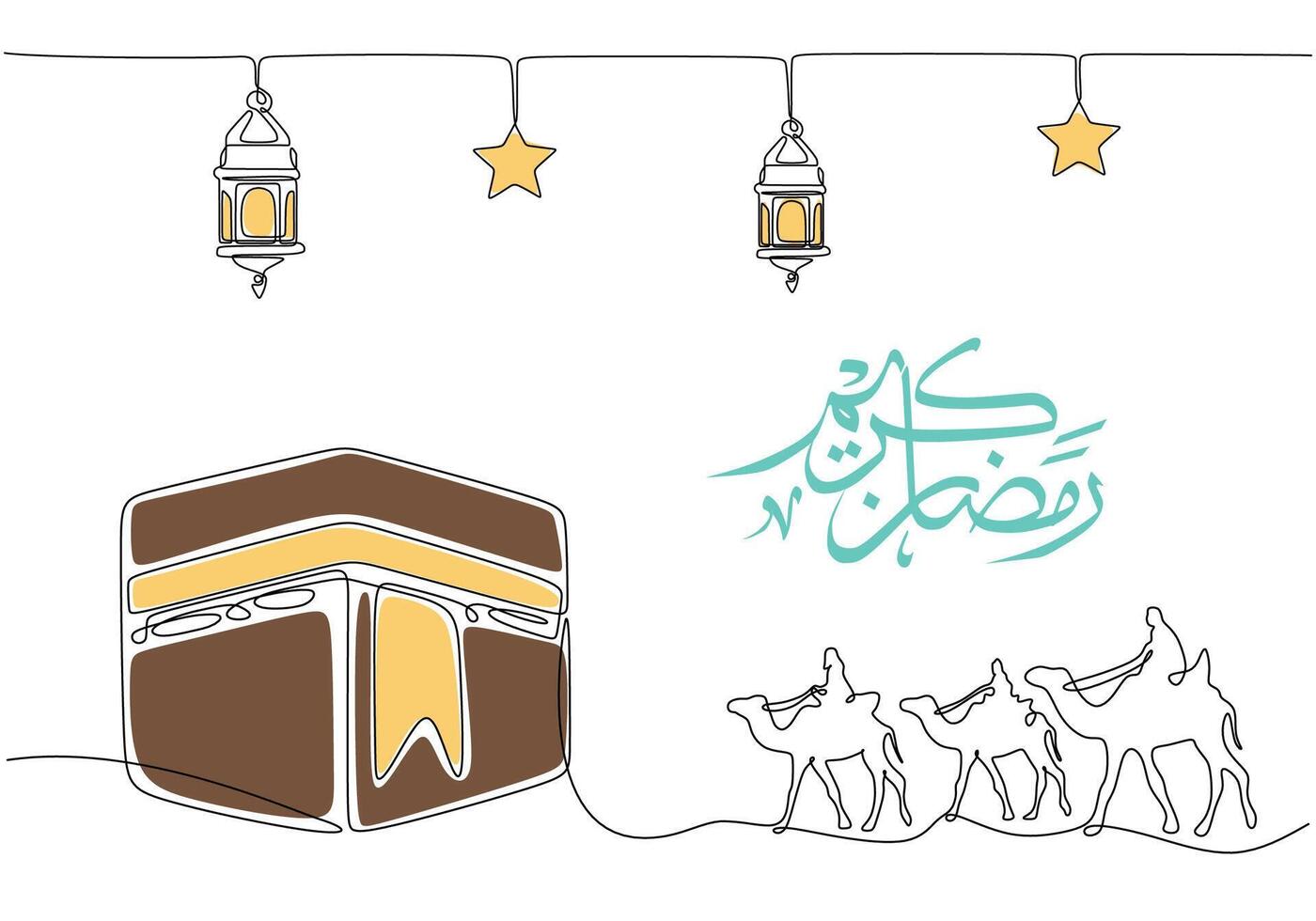 Kaaba with hanging lanterns, star, people on camel and arabic calligraphy in one continuous line. vector