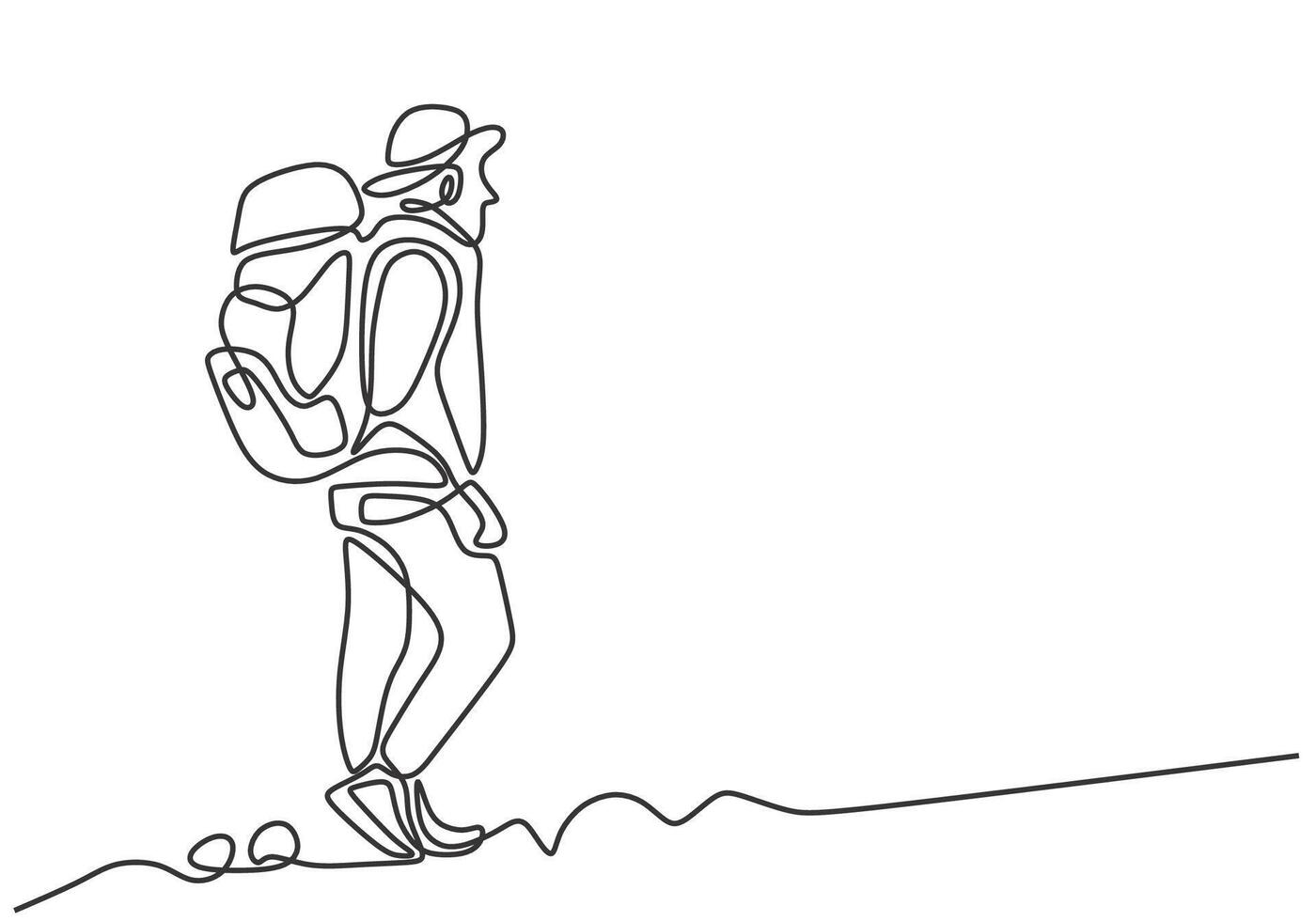 Single Backpacker traveler hiker bring bag walking in one continuous line. Adventure traveling sport vector