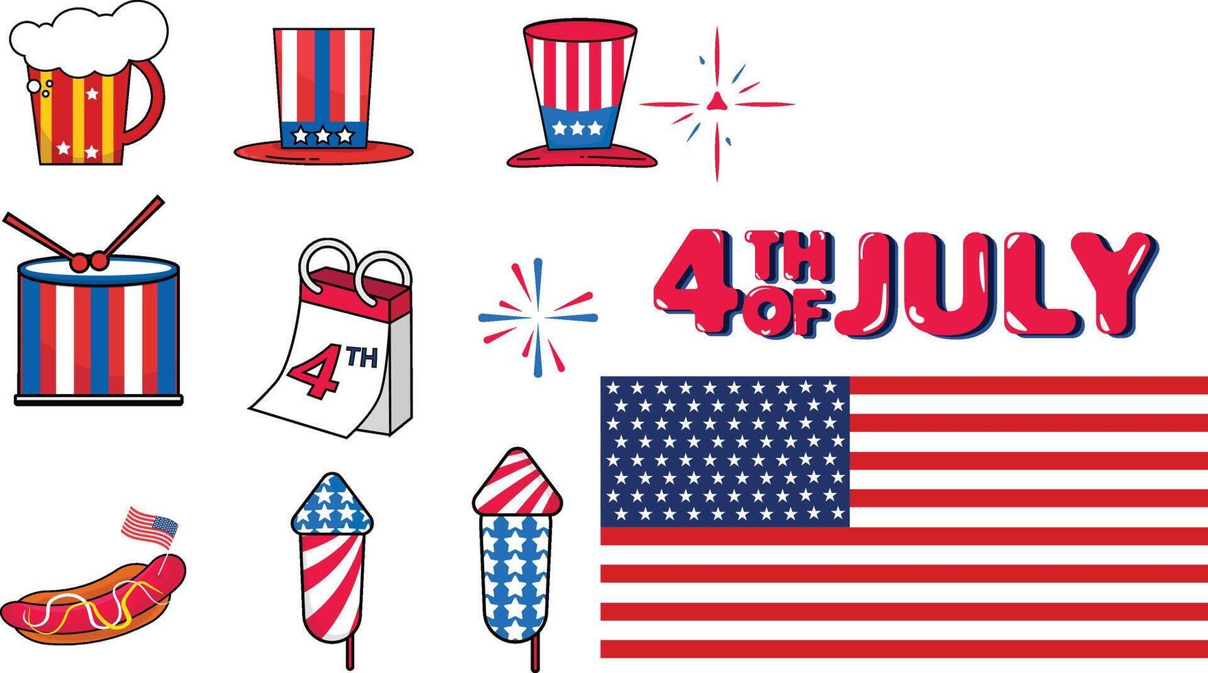 collection of US Independence Day celebration art elements with red-white-blue flag vectors, bright fireworks, and gold stars. Dynamic, patriotic design, perfect for digital or print decoration vector