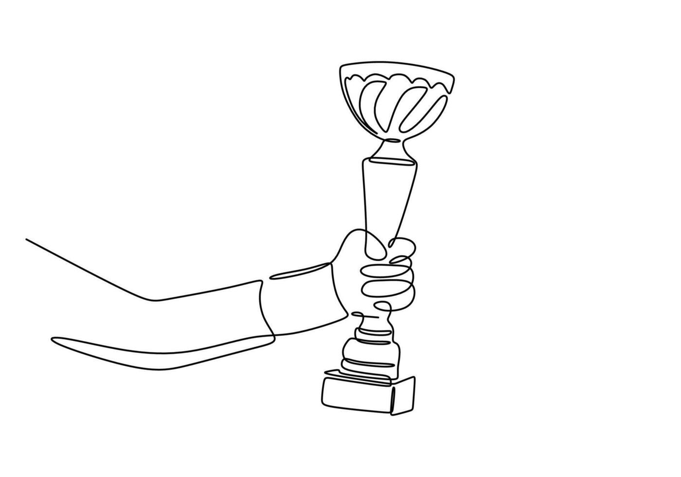 One line drawing of hand hold trophy cup competition. vector