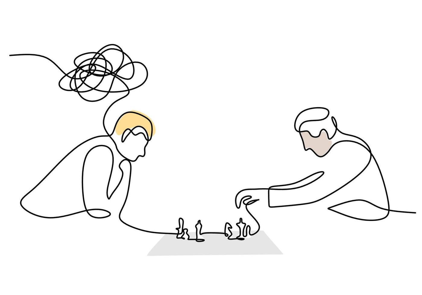 One continuous single line drawing men siting and playing chess game together on white background. vector