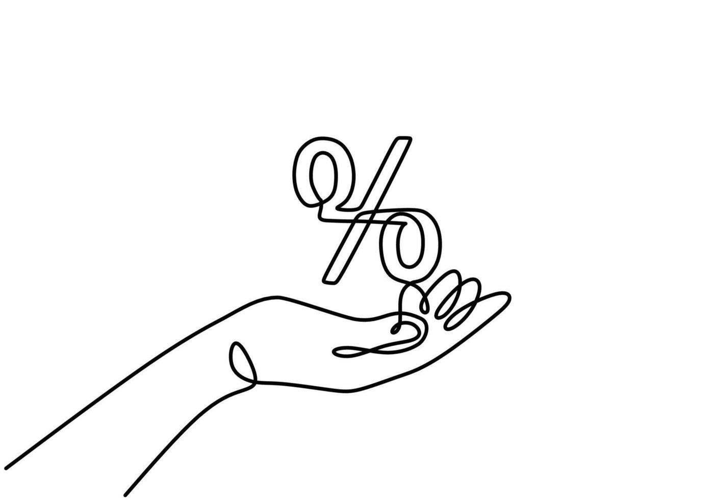 Hand holding percent symbol continuous one line drawing art. vector