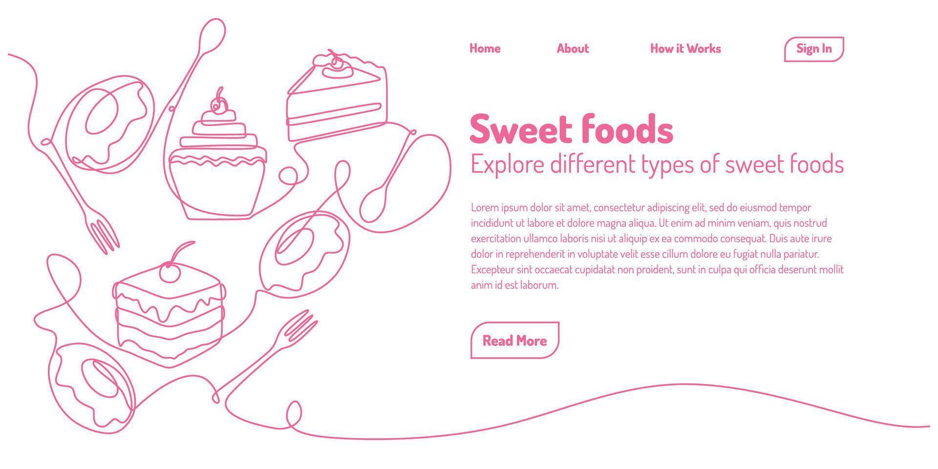 one continuous line drawing of sweet foods. Landing page concept with pink line. vector