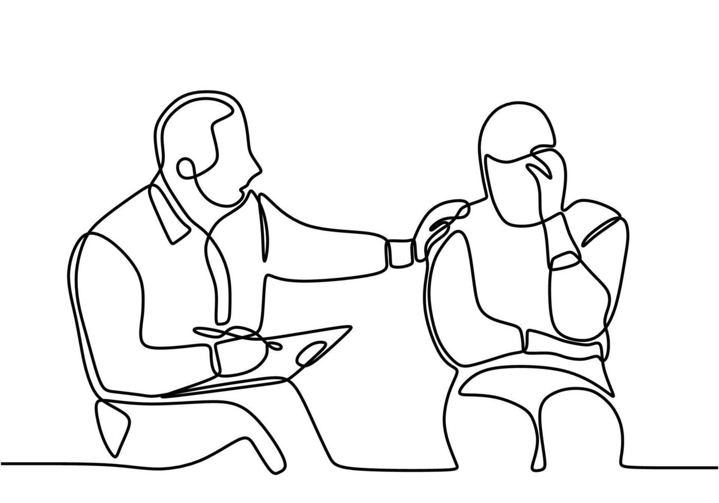 one line drawing of man sitting at the reception of male psychologist vector