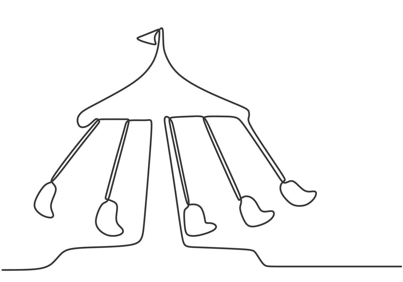 Continuous one single line drawing wave swinger in the amusement park with five seats and flag above vector