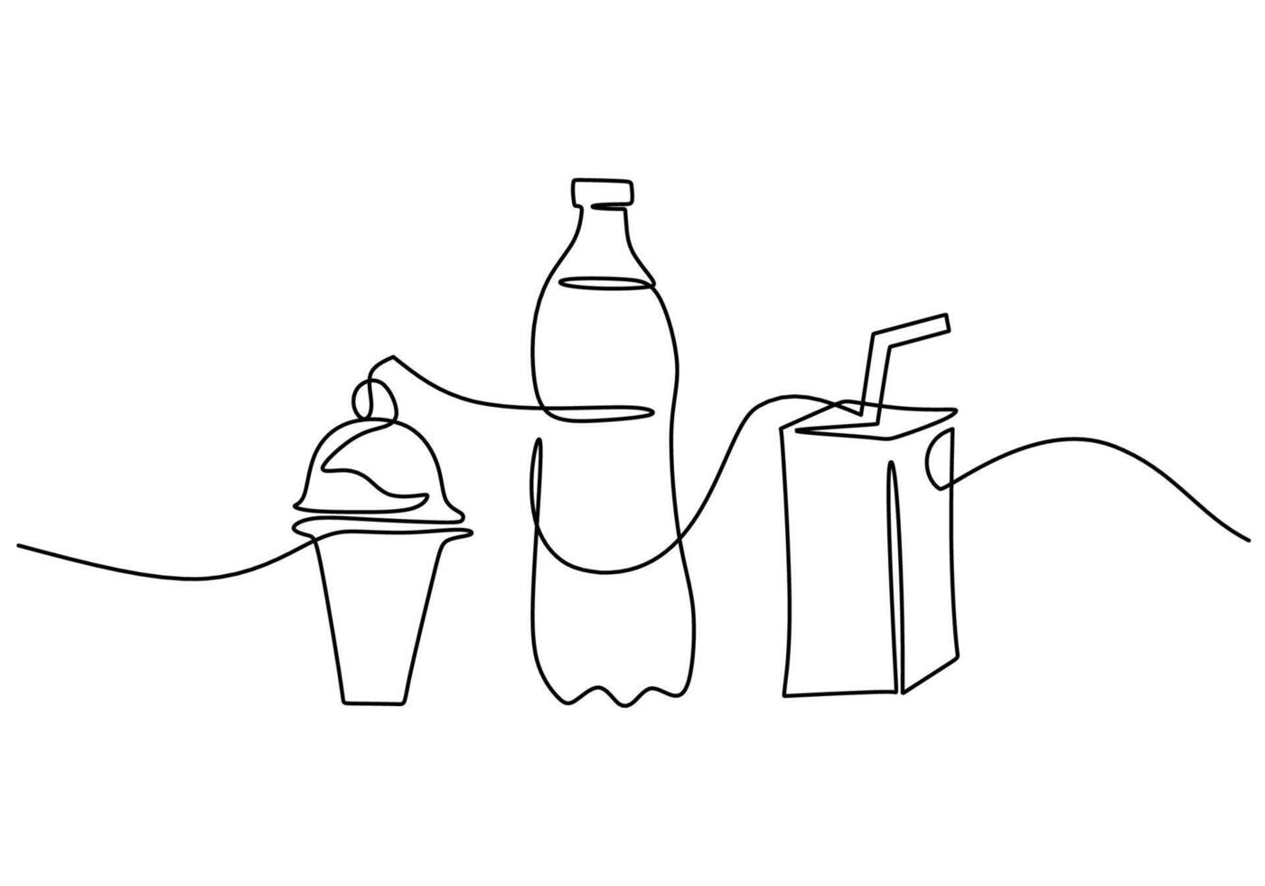 one continuous line drawing of ice cream, mineral water and soft drink isolated on white background. vector