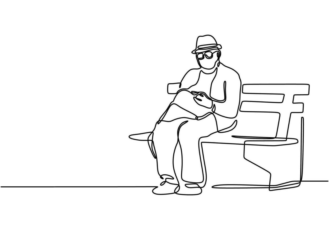 one line art drawing of old man sitting and reading vector