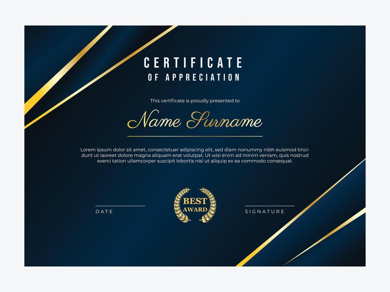 Luxury certificate of appreciation template in dark blue and gold color vector