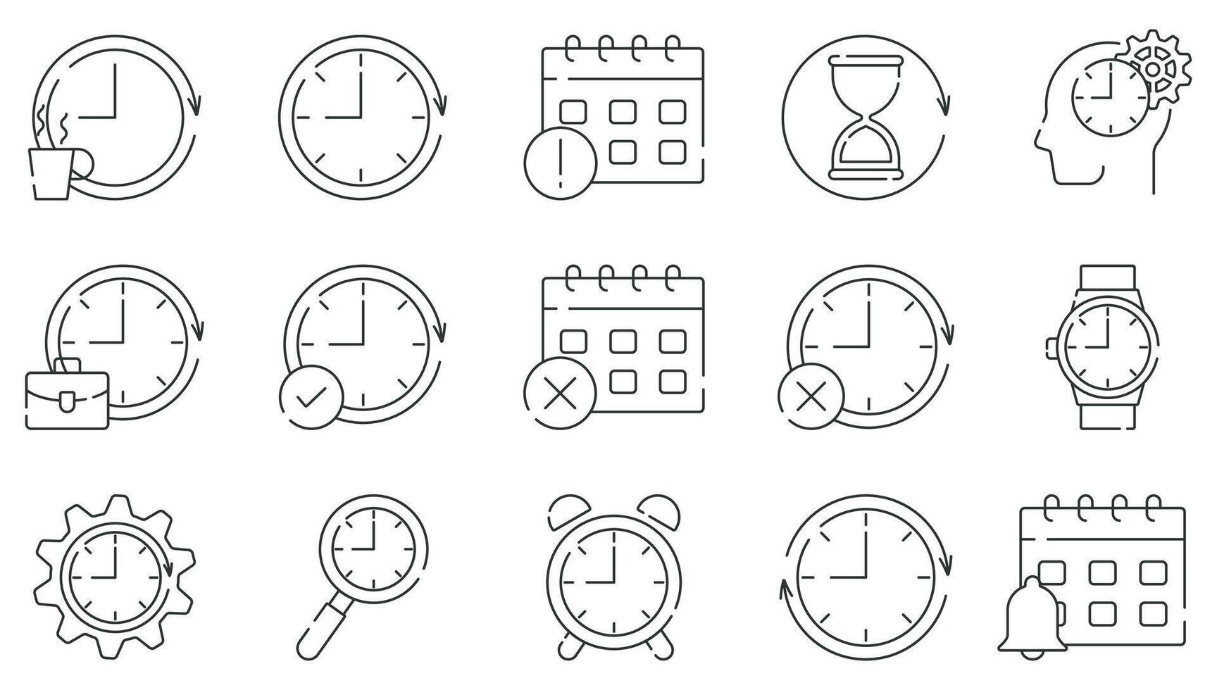 Time and clock linear icons. Time and clock line art icons ideal for illustrating efficiency and productivity in time management strategies. Perfect for time management resources. vector