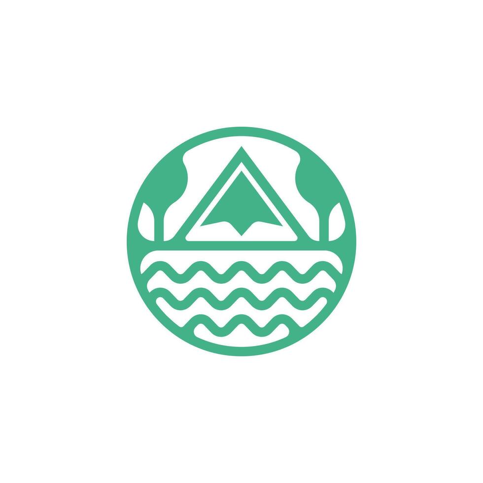 nature logo in a circle that is united, there are mountains, trees and ocean waves vector