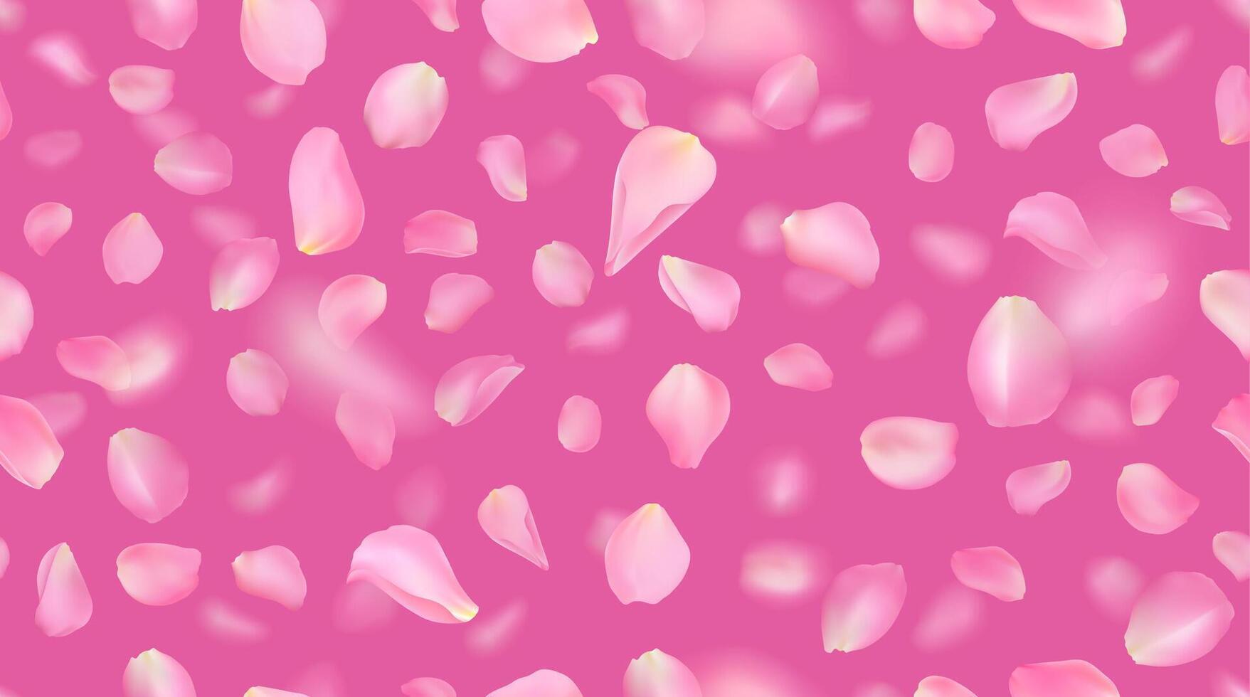Seamless pattern with realistic flying pink rose petals on bright background. Repeating texture with voluminous blurred falling sakura petal. illustration with blur effect. vector