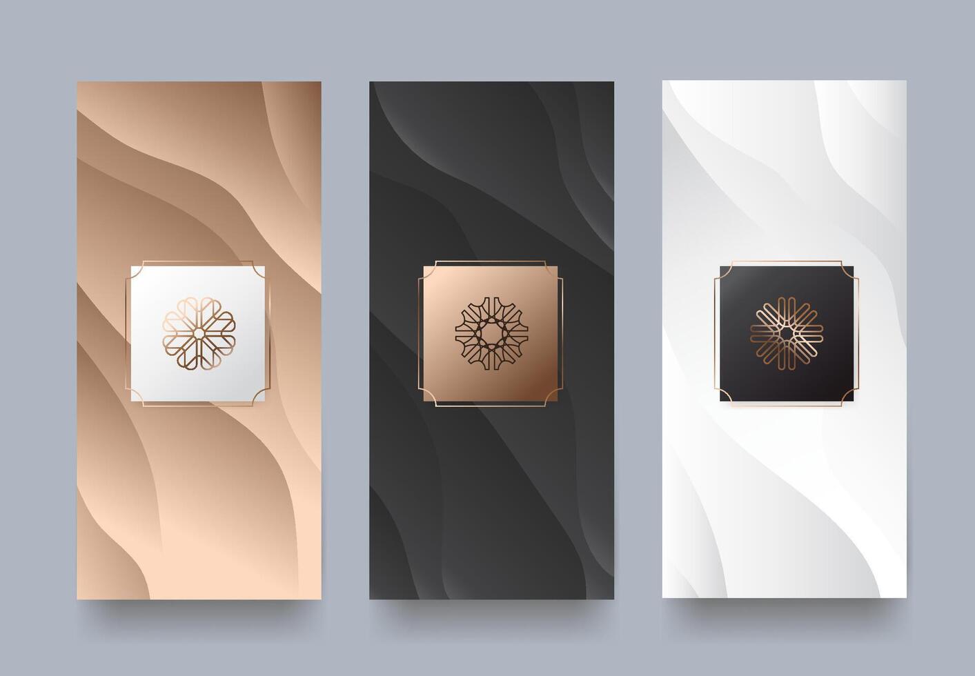 Elegant abstract packaging designs with soft gradient textures and gold frame elements suitable for luxury branding and product presentation vector