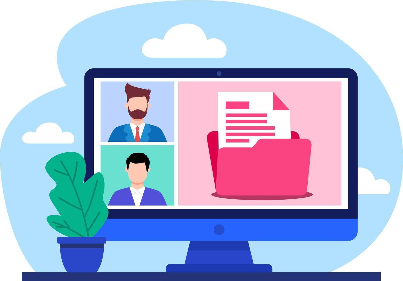 Conference with Document Sharing on Desktop Computer Flat Illustration Concept for Remote Work vector