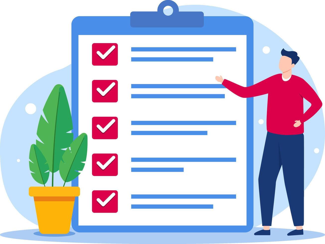 Man is standing in front of a checklist, which is displayed on a white background vector