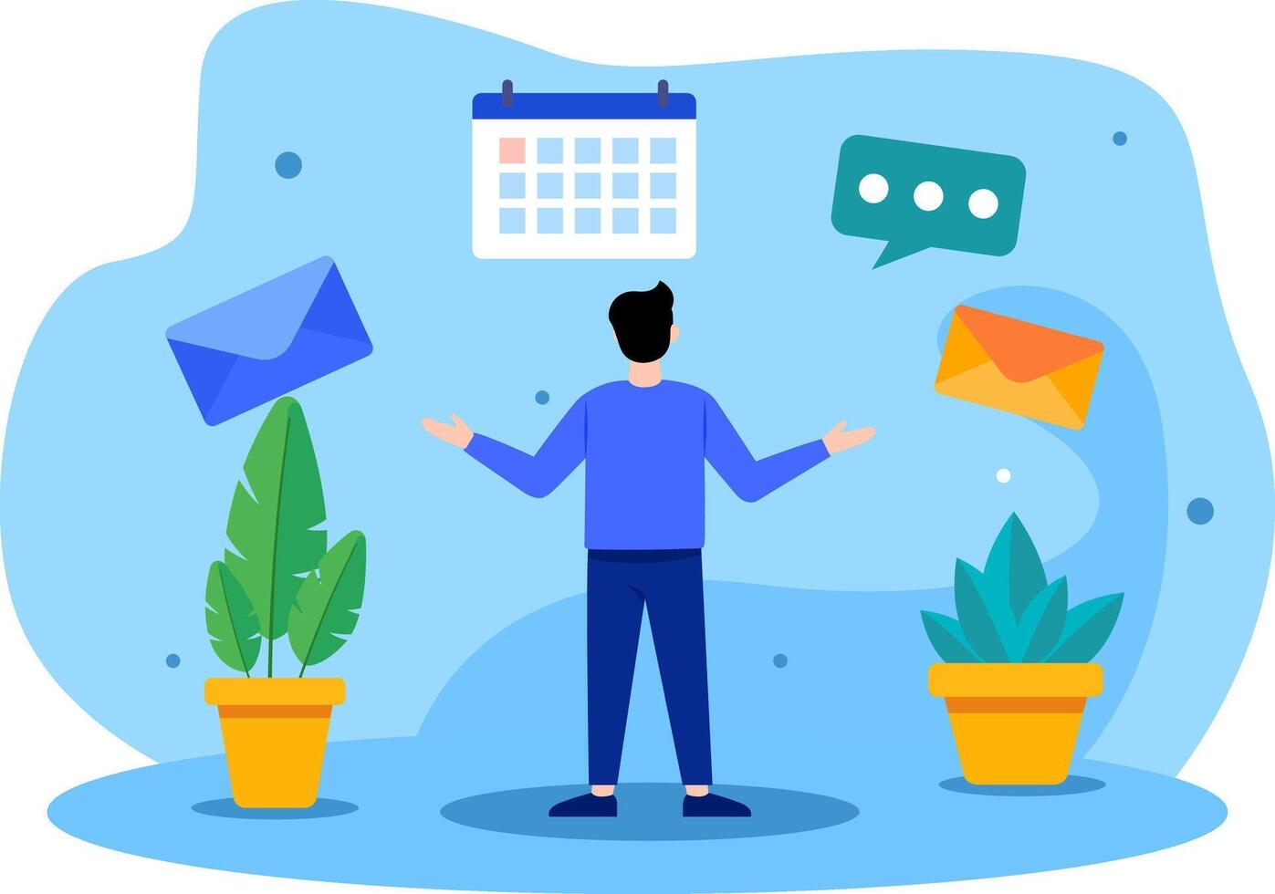 Flat Illustration of Man Managing Emails, Schedule, and Messages in Digital Workspace for Remote Work vector