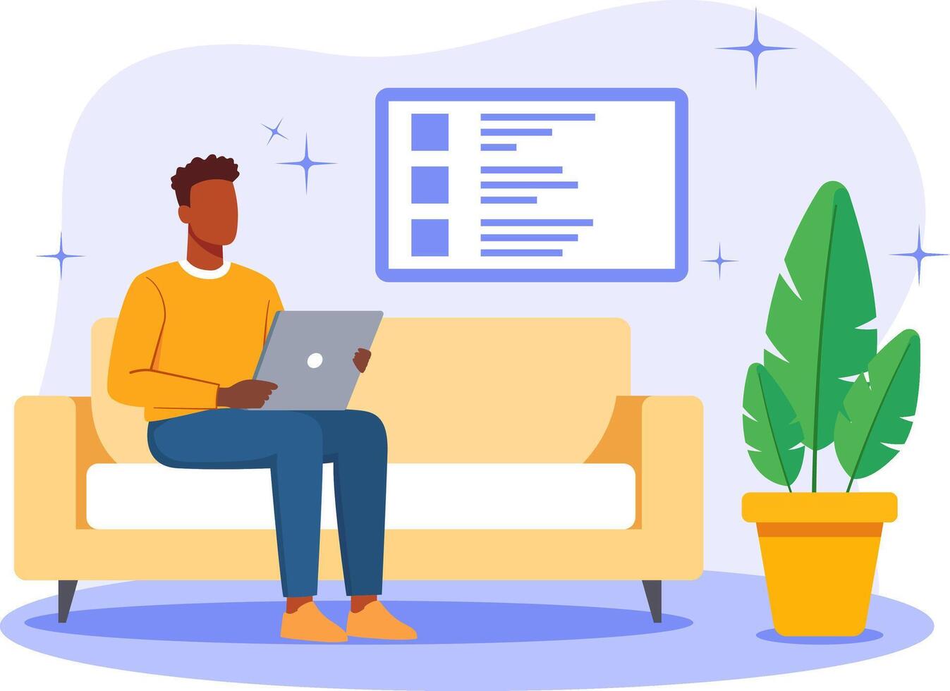 Man Working from Home with Laptop on Sofa Remote Work Flat Illustration for Online Job Freelancer Lifestyle vector