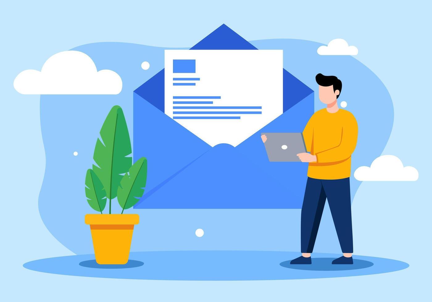 Flat Illustration of Man Checking Email on Laptop Modern Email Notification, Digital Communication and Online Messaging Concept vector
