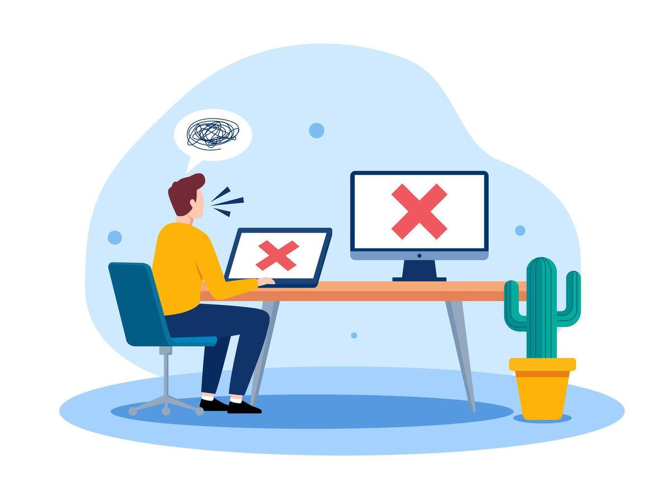 Flat illustration of frustrated man facing system error on laptop and desktop screens while working from home. Red cross error icon indicating failure, technical issue, or connection problem. vector