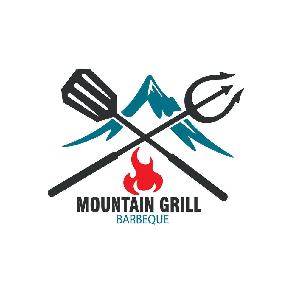 mountain grill barbeque bbq with fork flame logo design template vector