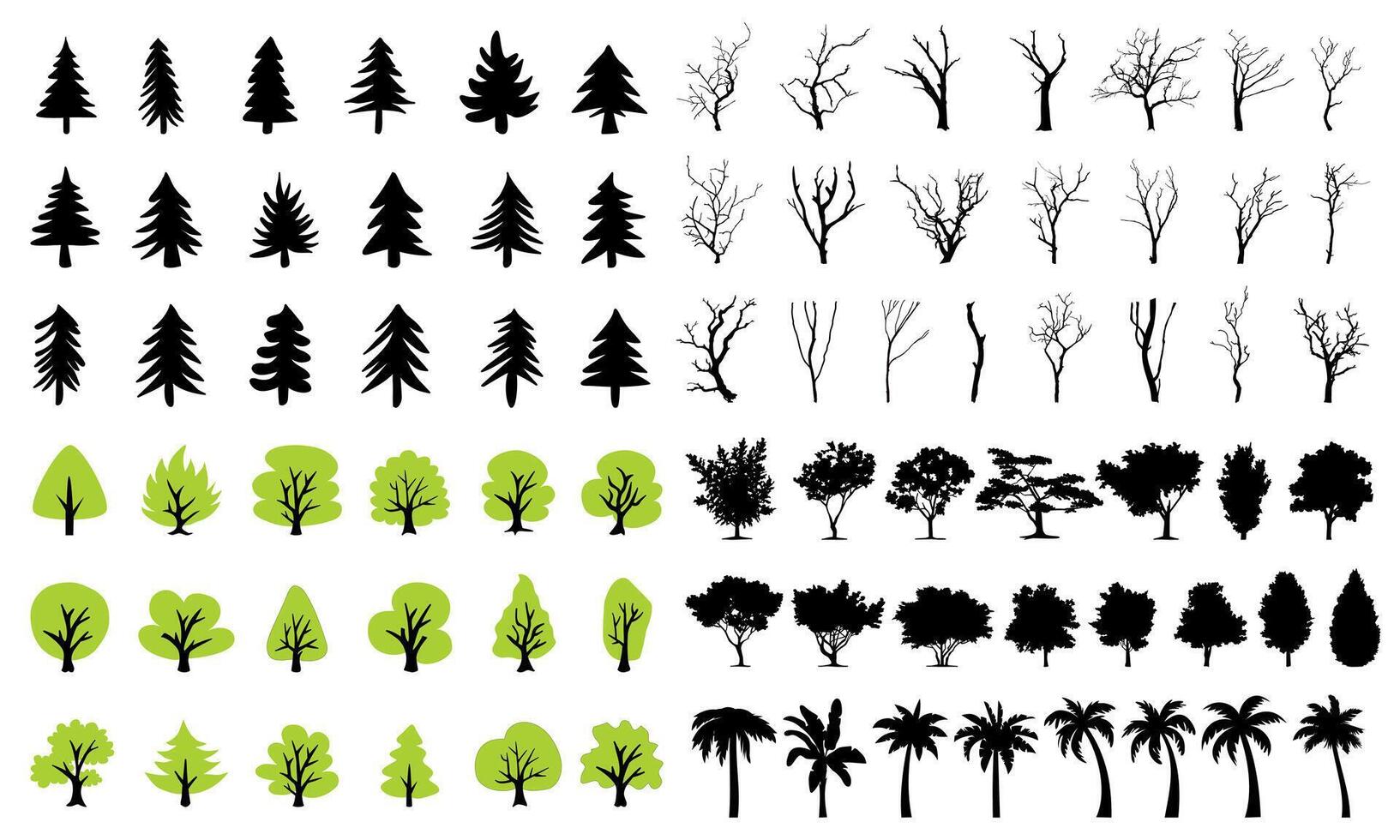Trees silhouette big collection. pine trees, branches trees, green trees icon and silhouette palm trees symbol. vector