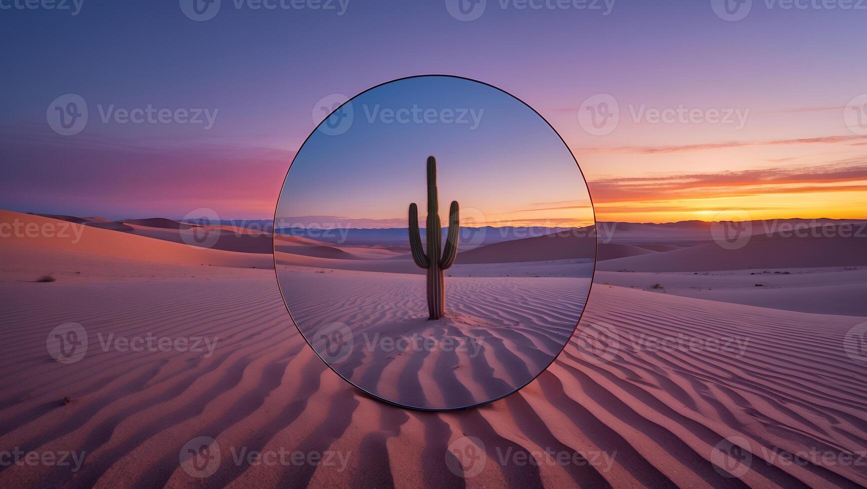 Desert Cactus Sunset Reflected in Circular Mirror on Sand Dunes photo