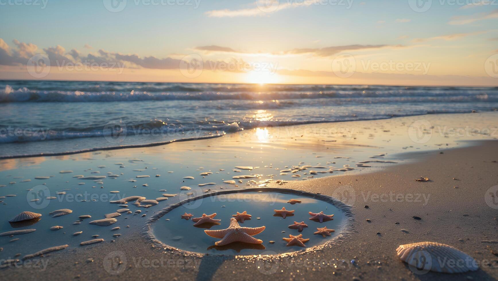 Starfish in Tidal Pool at Beach During Warm Sunrise Light photo