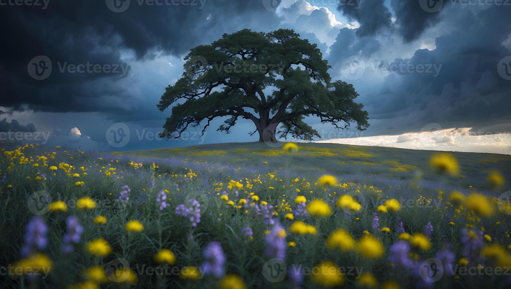 Tree Standing Tall in Field of Flowers Under Dramatic Sky photo