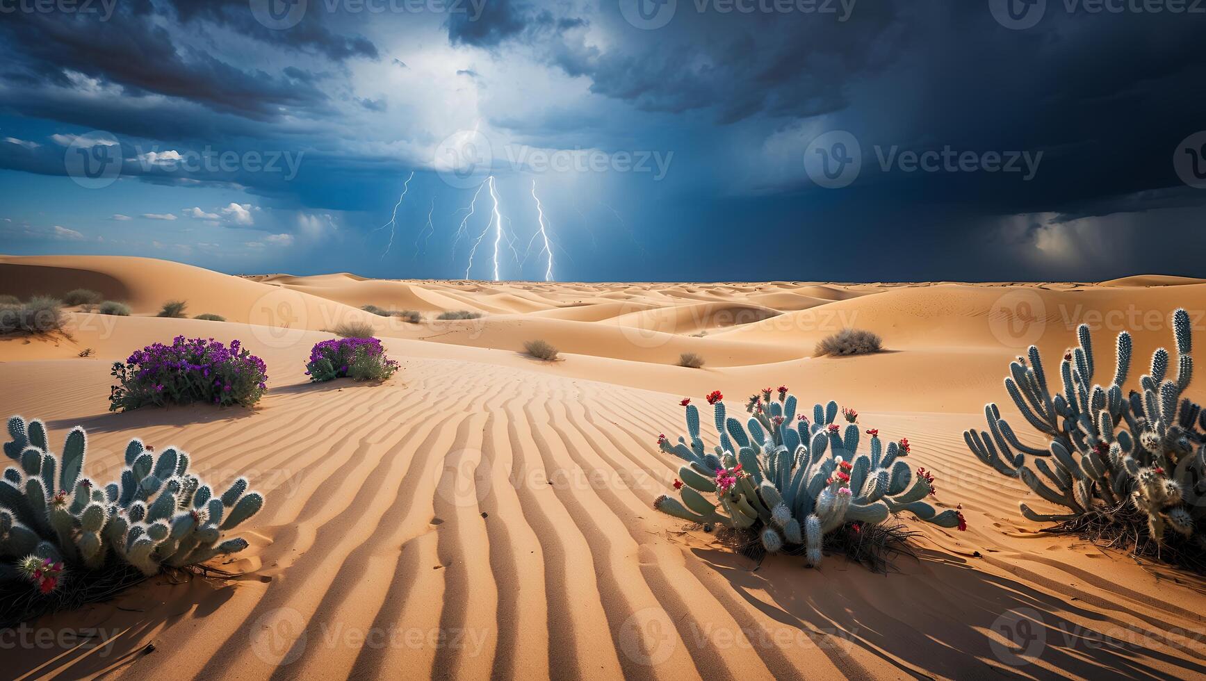 Sand Dune Landscape with Desert Plants and Lightning Storm at Horizon photo