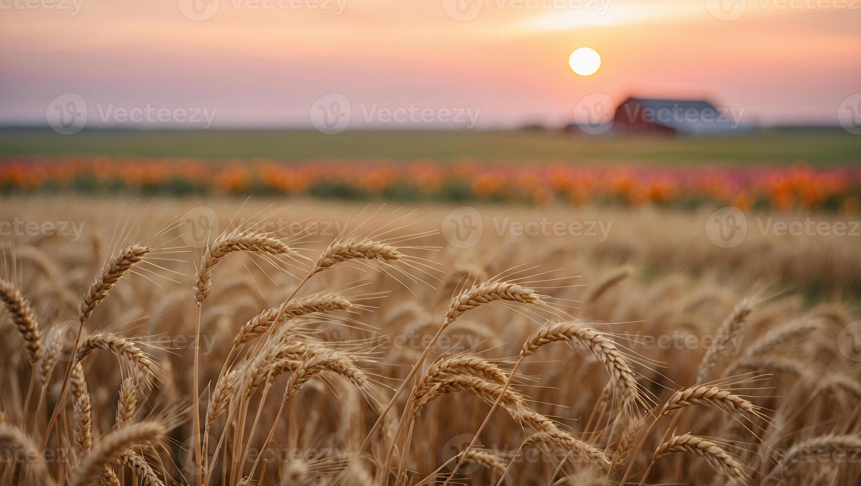 Wheat Field at Dusk with Red Barn and Colorful Flowers photo