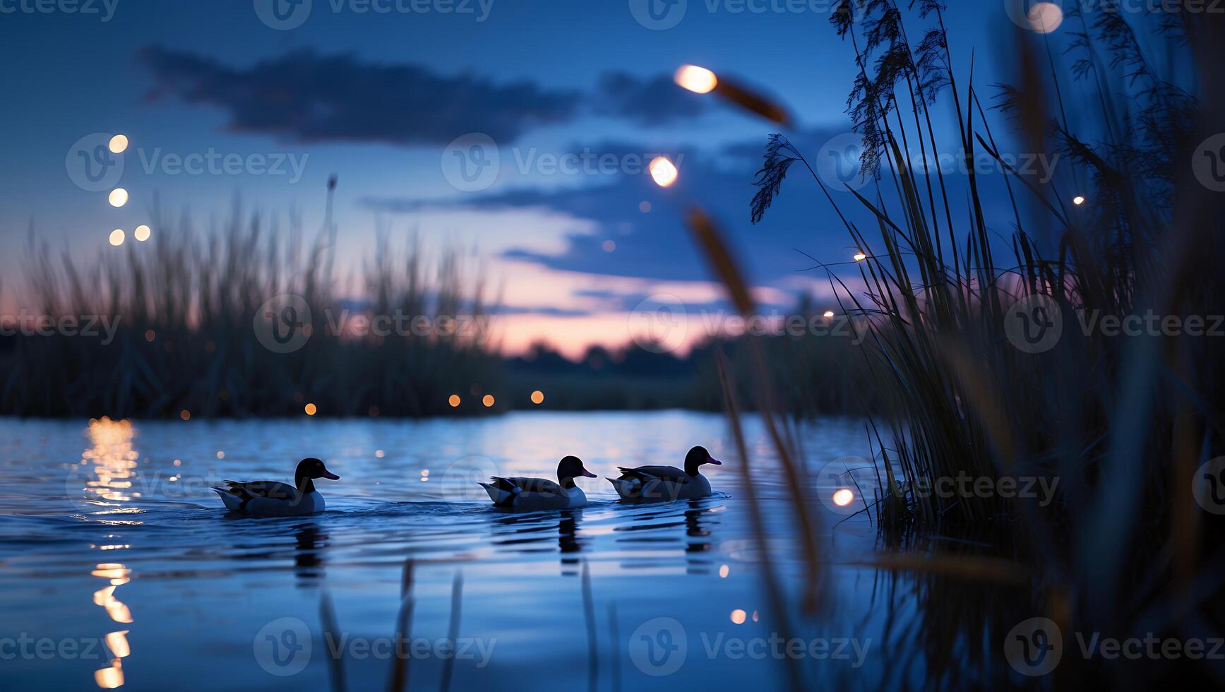Ducks Swim in Calm Lake at Dusk with Reeds and Sky photo